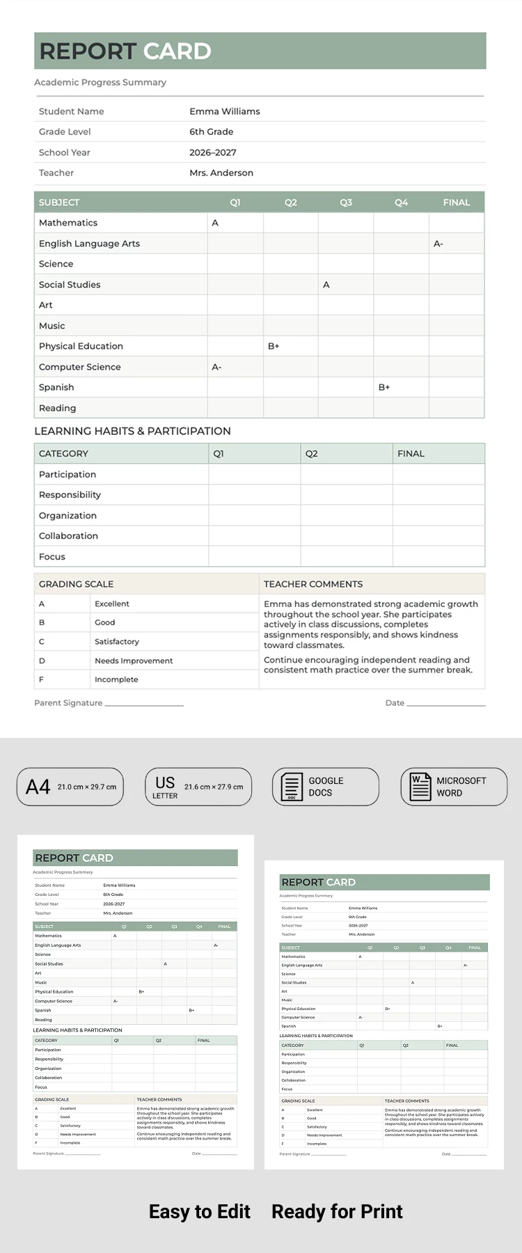 Preview of Report Card Template for Google Docs and Microsoft Word