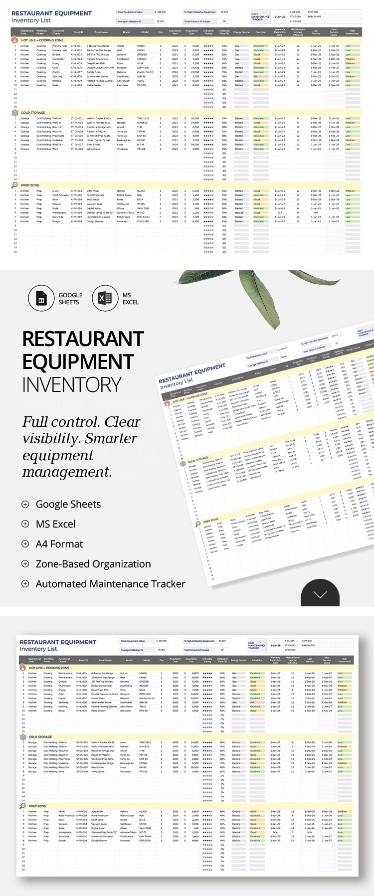Preview of Restaurant Equipment Inventory List Template for Google Sheets and Microsoft Excel