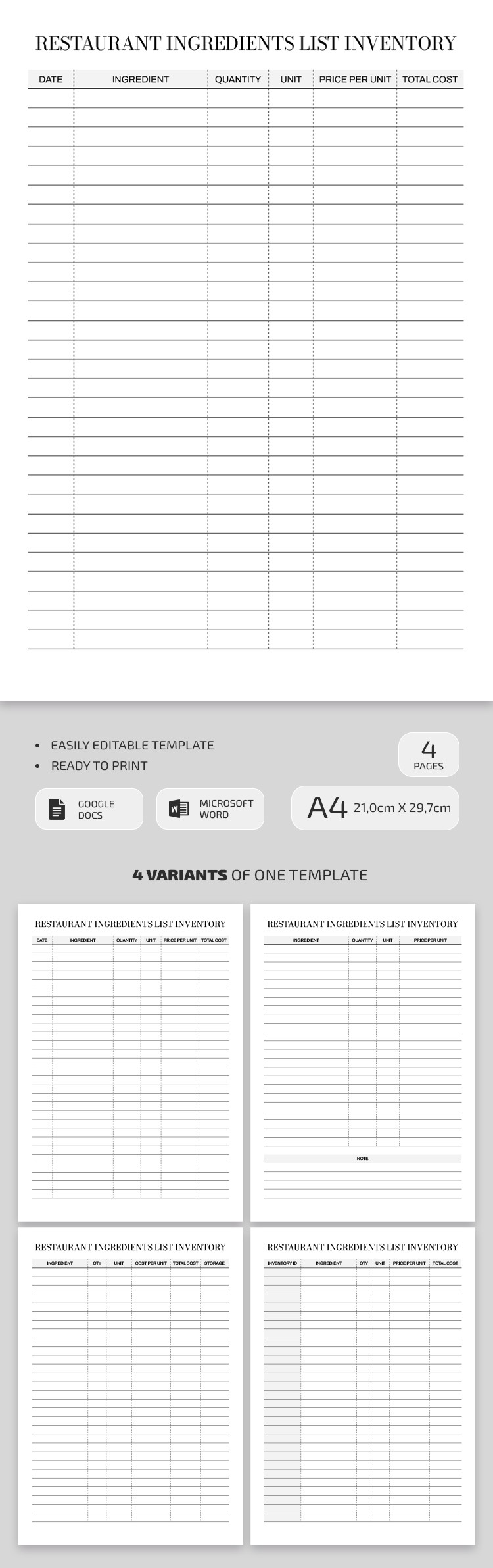 Free Restaurant Ingredients List Template in Google Docs and Microsoft ...