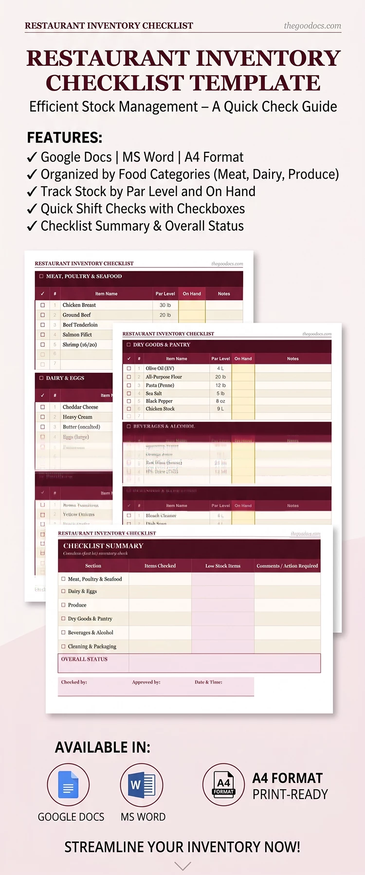 Vista previa de Lista de verificación de inventario de restaurante para Google Docs and Microsoft Word