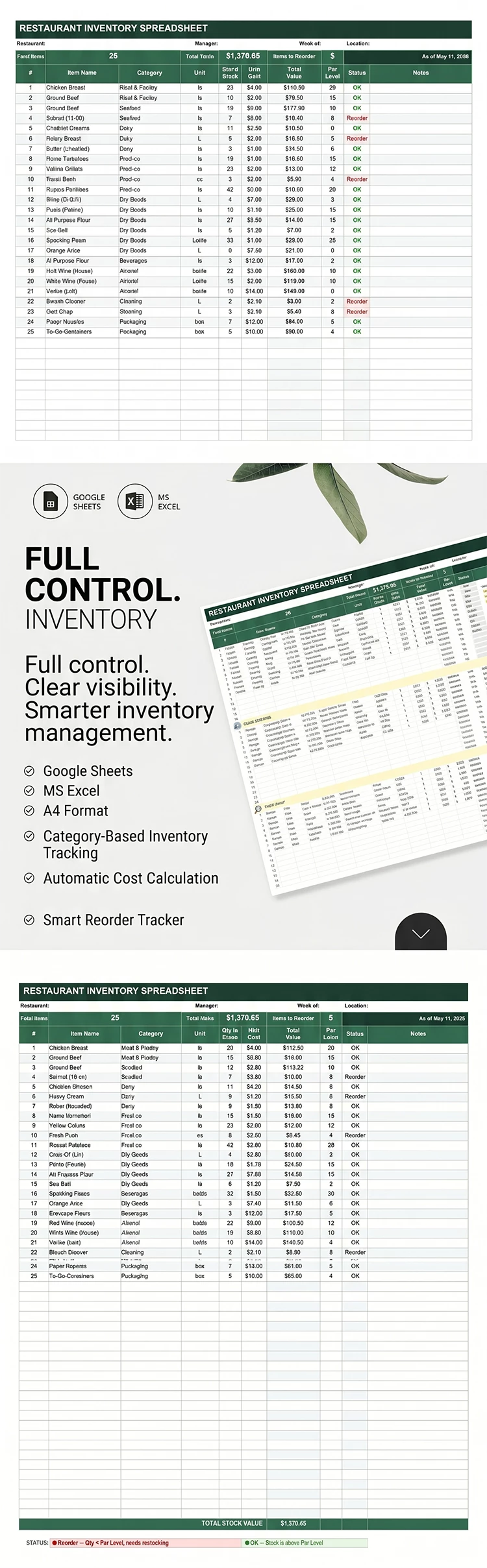Vista previa de Hoja de inventario de restaurante para Google Sheets and Microsoft Excel