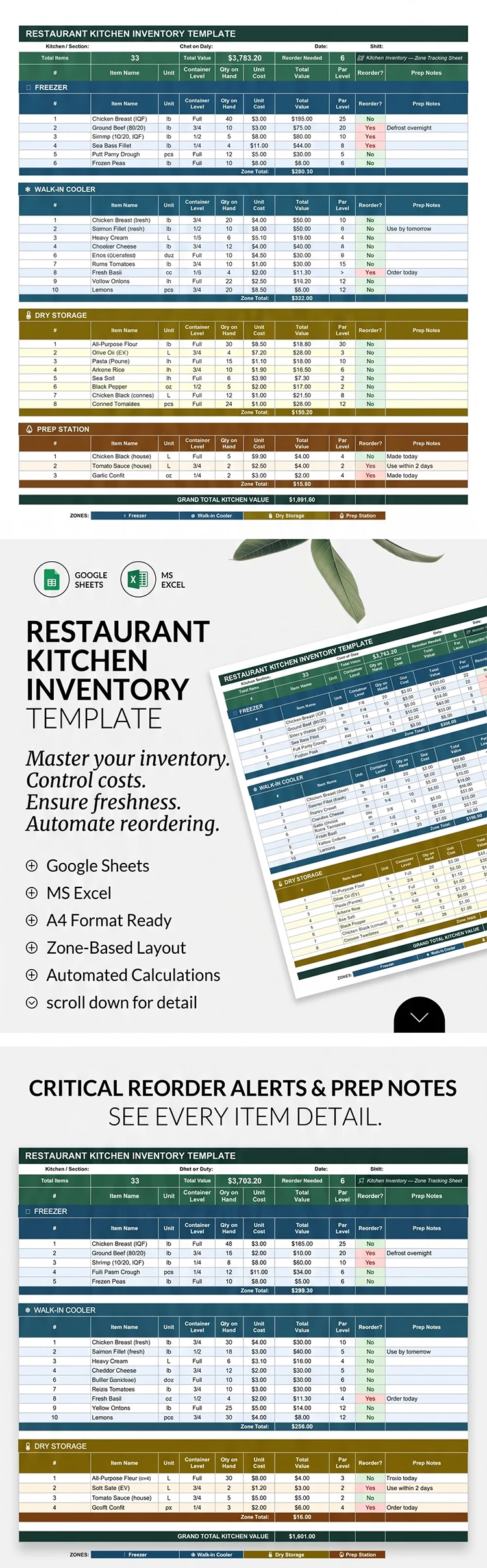 Preview of Restaurant Kitchen Inventory Template for Google Sheets and Microsoft Excel