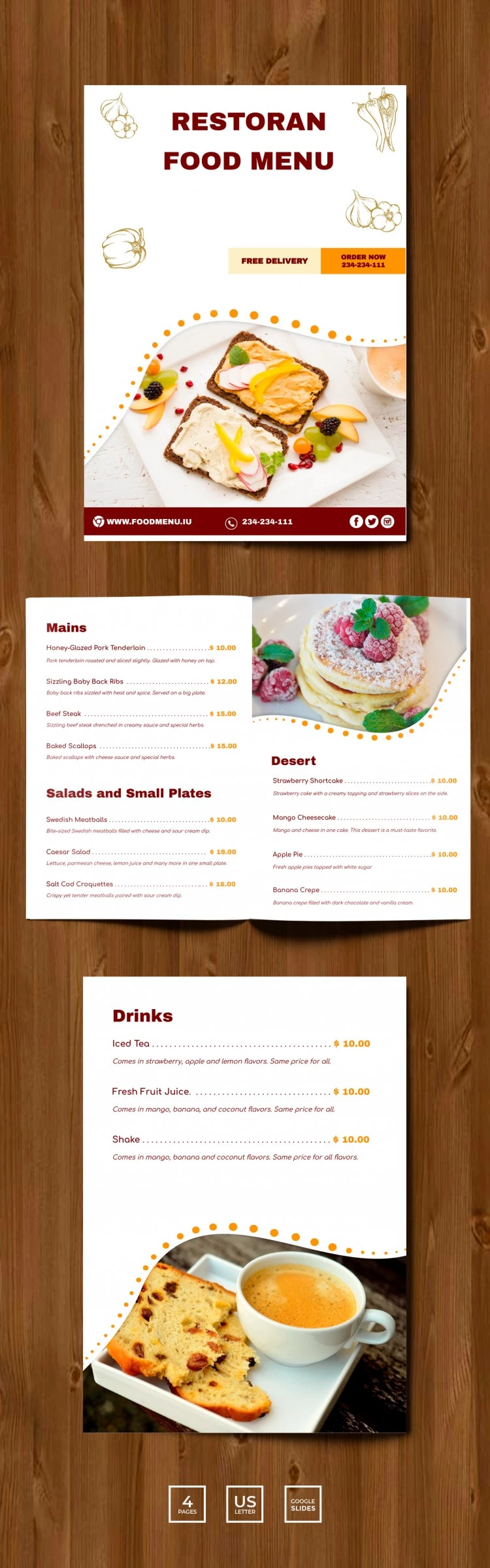餐厅菜单小册子 - free Google Docs Template - 10061780