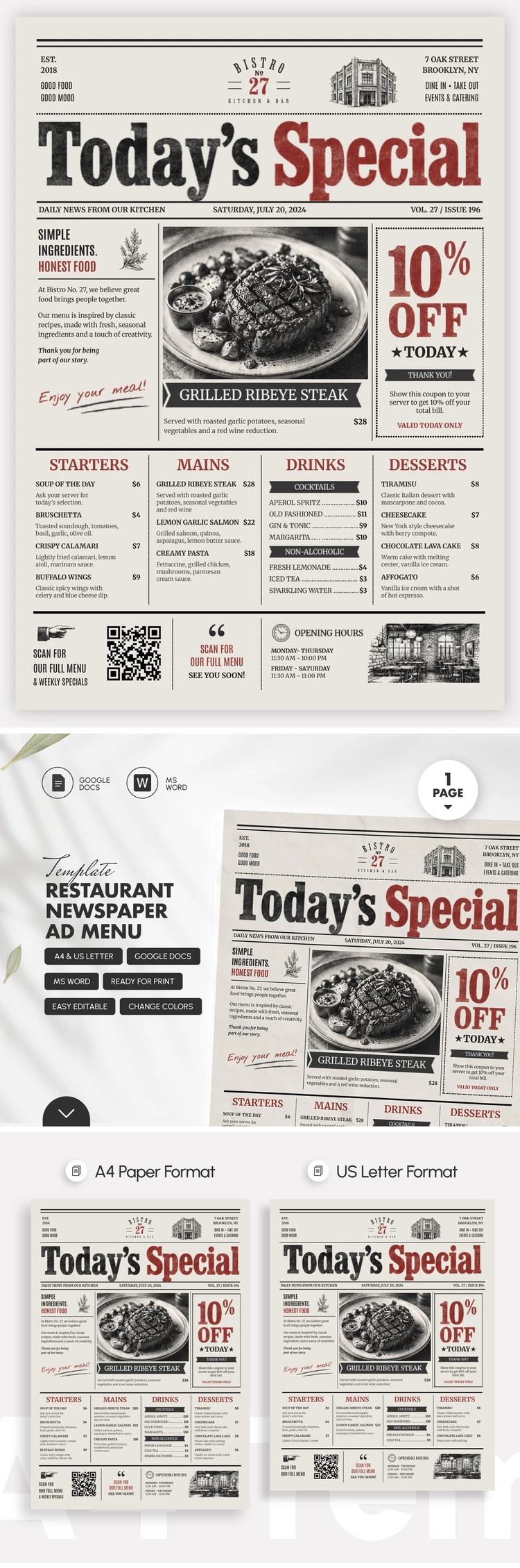 Preview of Restaurant Newspaper Ad Menu Template for Google Docs and Microsoft Word