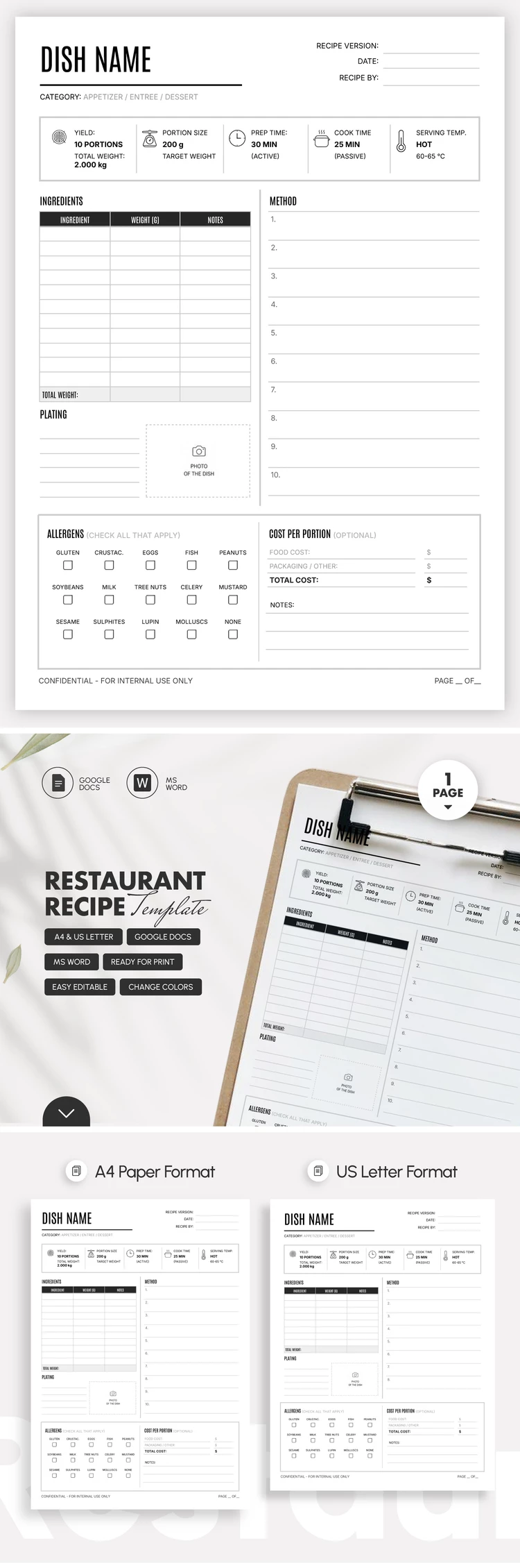 Preview of Restaurant Recipe Template for Google Docs and Microsoft Word