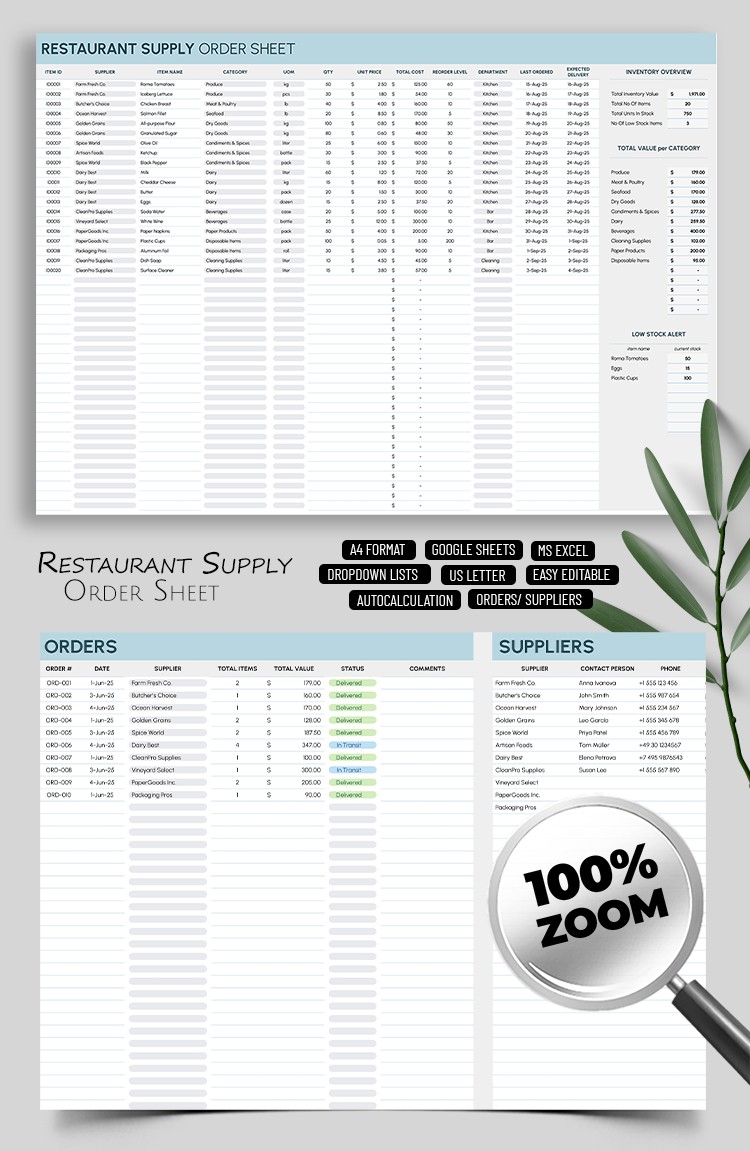 kitchen daily order list template | food stock & order... Free Restaurant Supply Order Sheet Template In Google Sheets