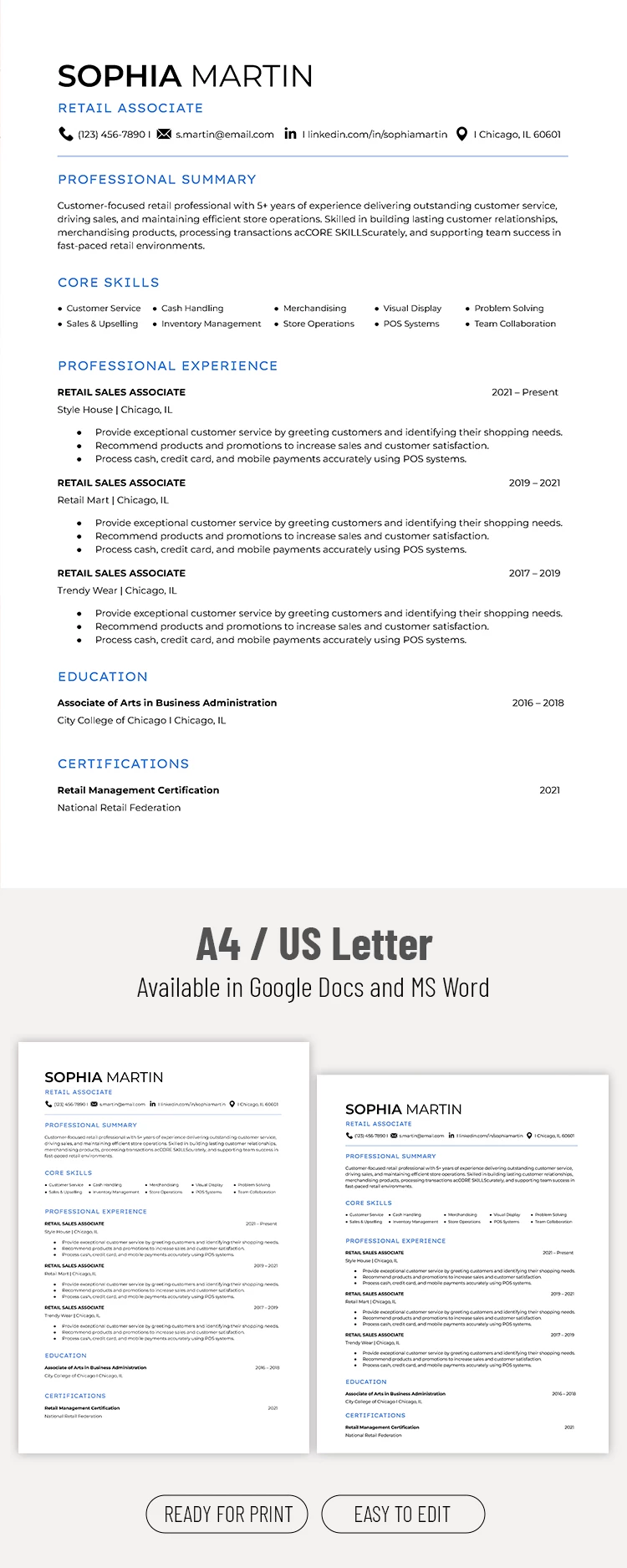 Vorschau von Einzelhandels-Lebenslauf-Vorlage für Google Docs and Microsoft Word