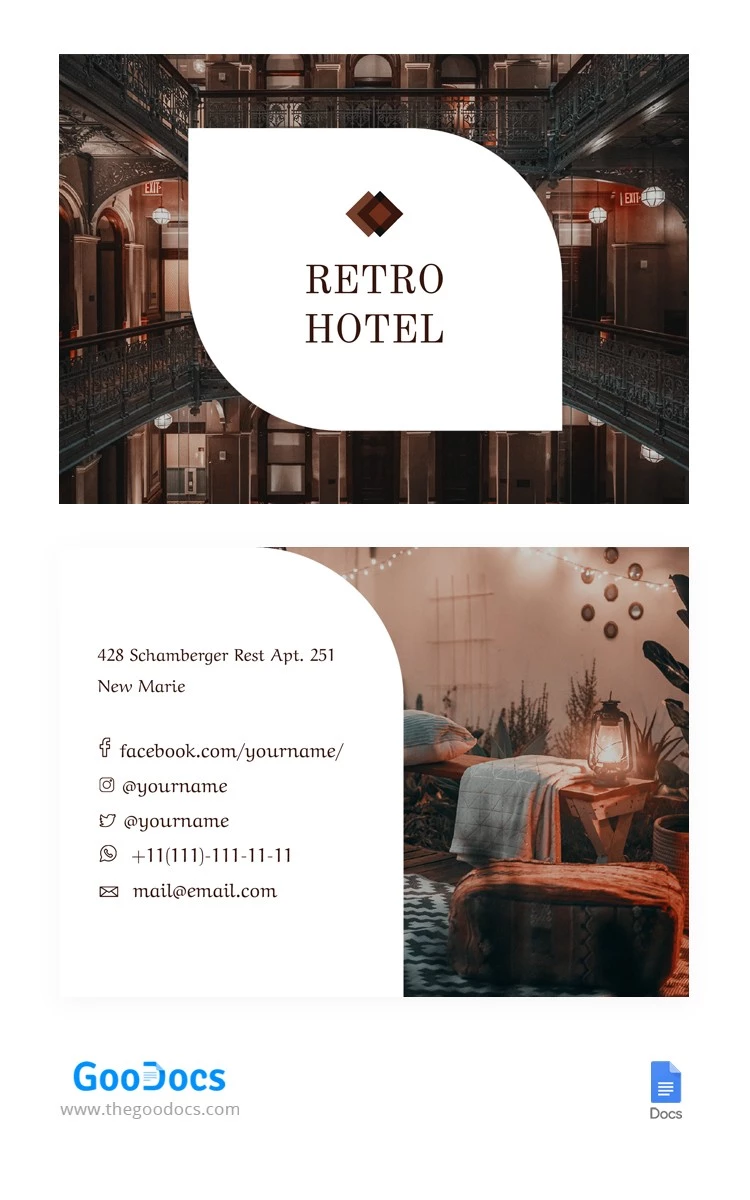 Cartão de visita do Retro Hotel - free Google Docs Template - 10062829