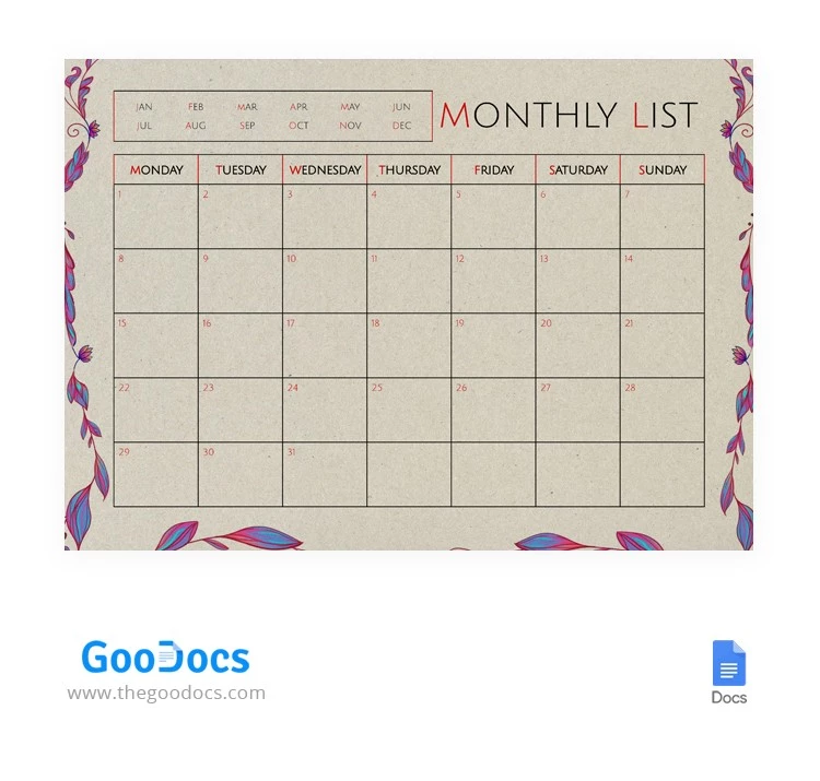 Retro Monthly List - free Google Docs Template - 10064429