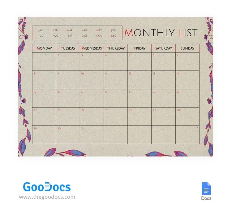 复古月度列表 - free Google Docs Template - 10064429