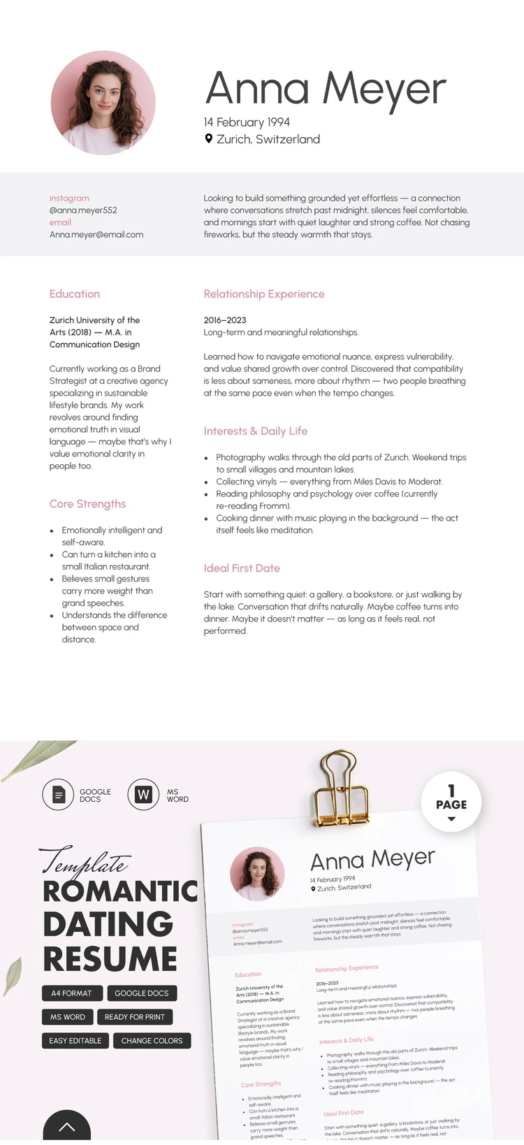 Plantilla de currículum de citas románticas - free Google Docs Template - 10072049