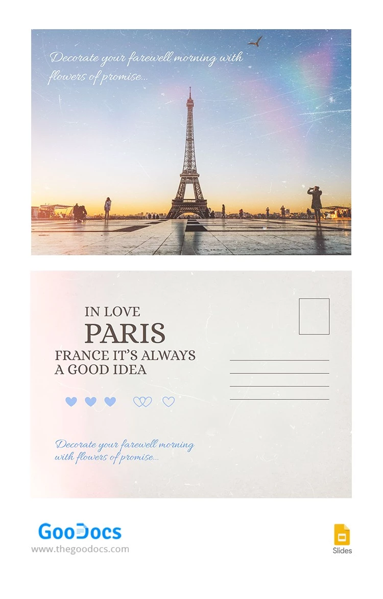 Postal romântico da Torre Eiffel - free Google Docs Template - 10065845