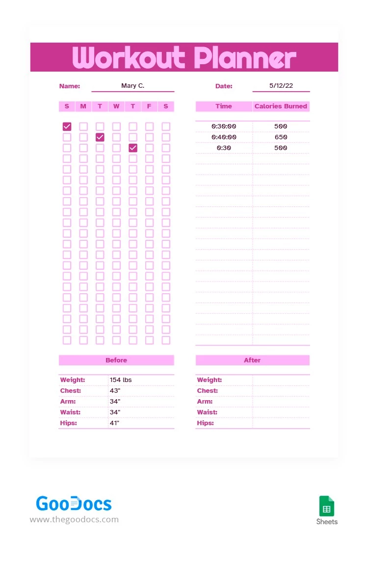 Planner de exercícios cor-de-rosa - free Google Docs Template - 10063516