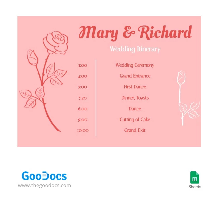 Rose Style Wedding Itinerary - free Google Docs Template - 10063443