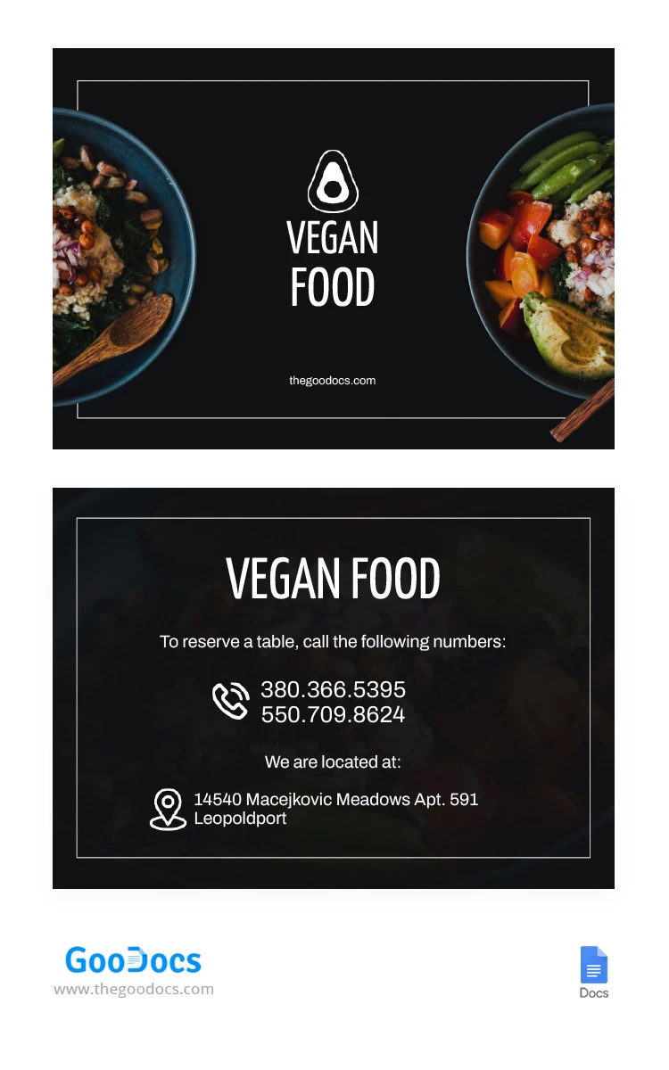 Veganes Restaurant für gesunde Ernährung Visitenkarte - free Google Docs Template - 10065295