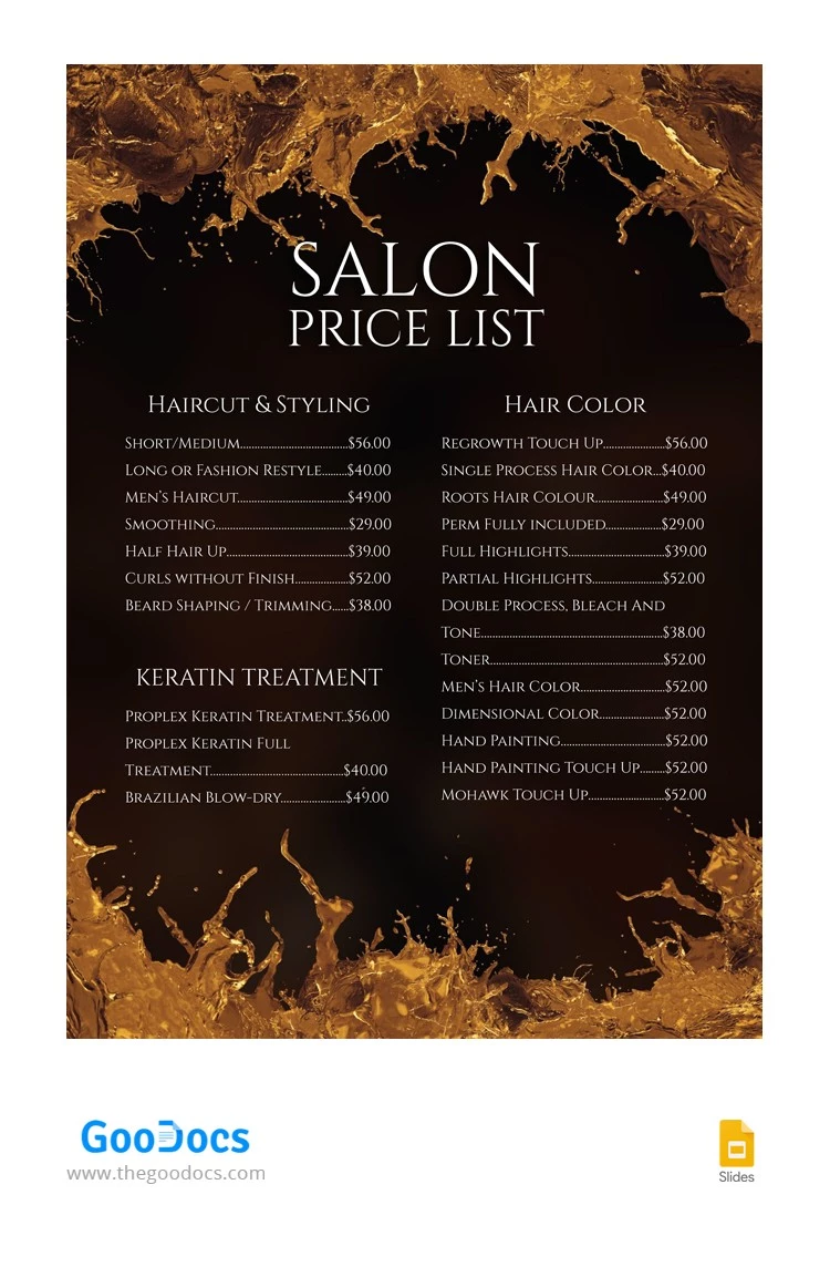 Liste des prix du salon Golden - free Google Docs Template - 10063288