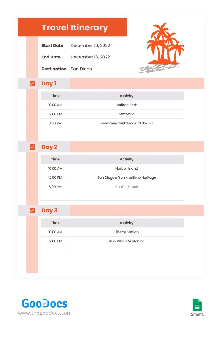 Itinerario de San Diego - free Google Docs Template - 10063445