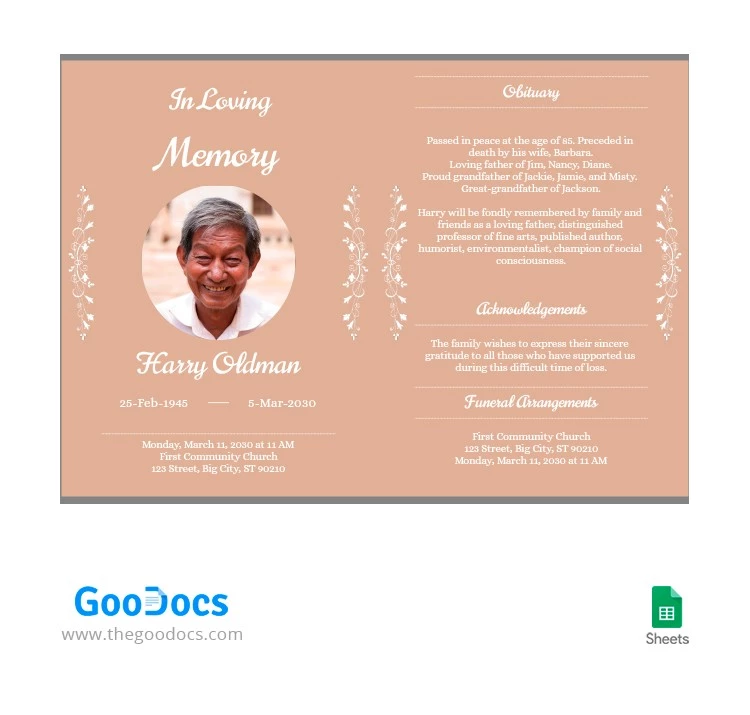 Programa de funeral na cor areia - free Google Docs Template - 10063710