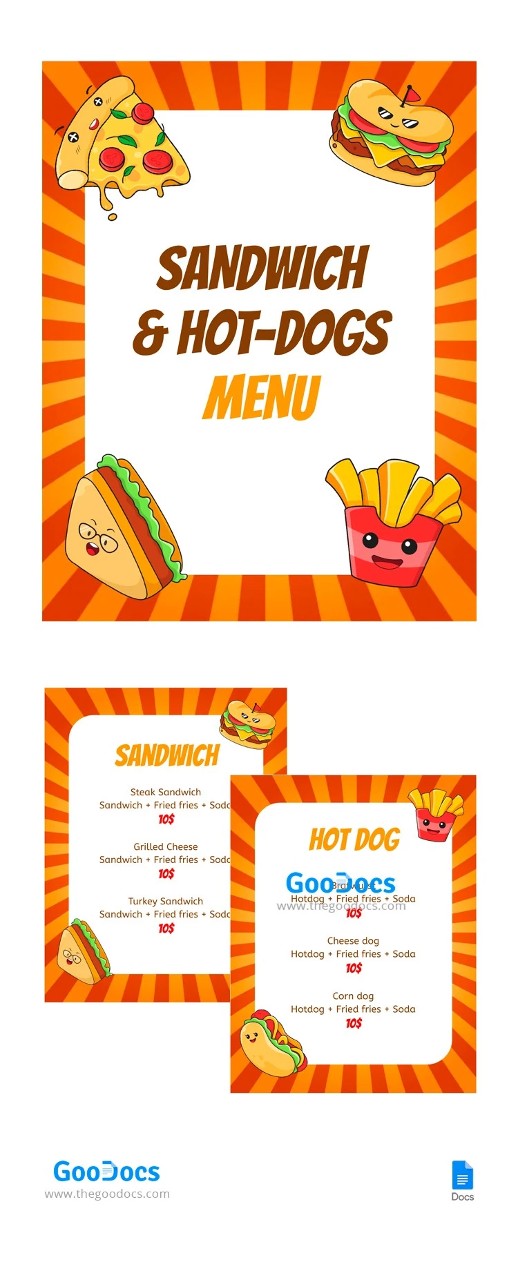 Sandwich- und Hot-Dog-Menü - free Google Docs Template - 10064599