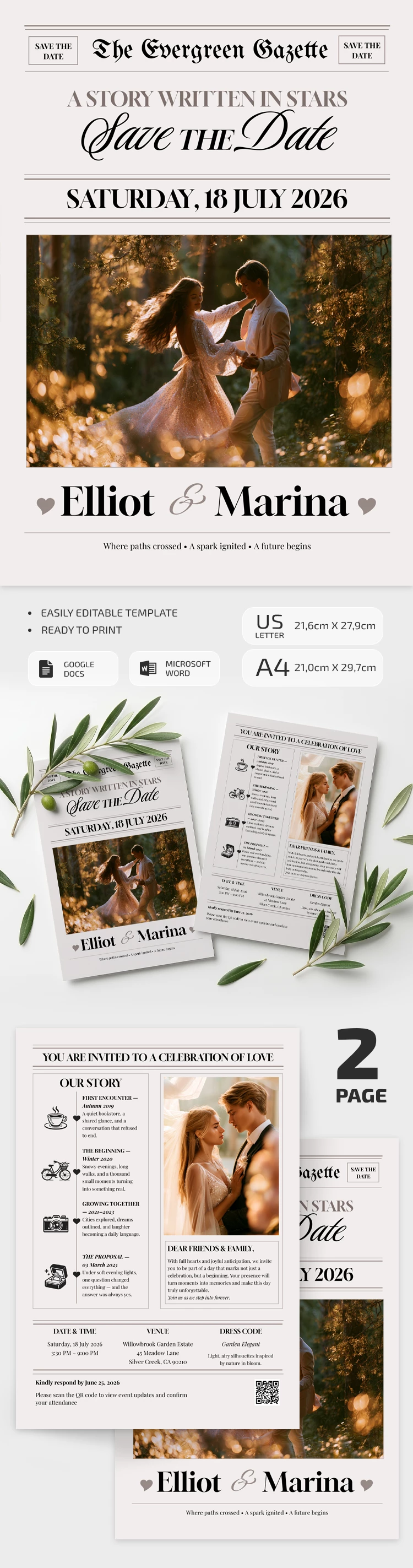Preview of Save The Date Newspaper Template for Google Docs and Microsoft Word