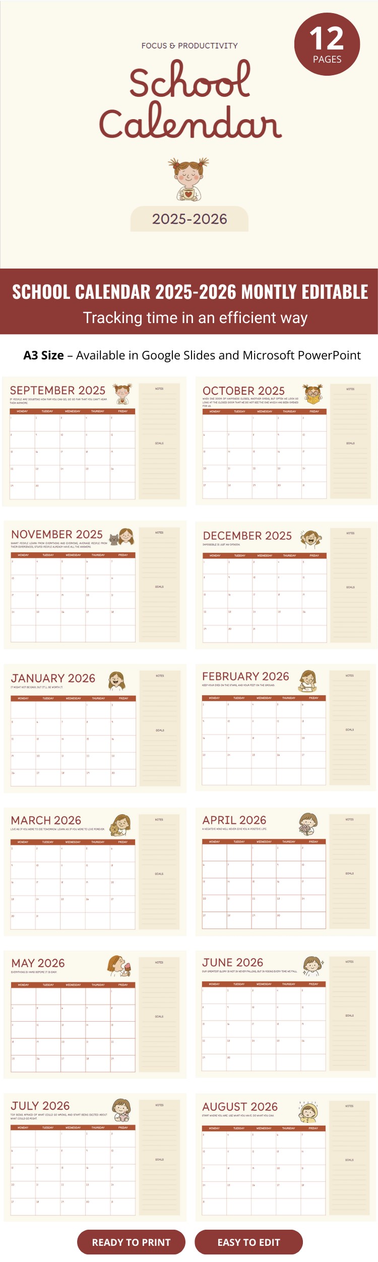 Free Montly Editable School Calendar 2025-2026 Template in Google ...