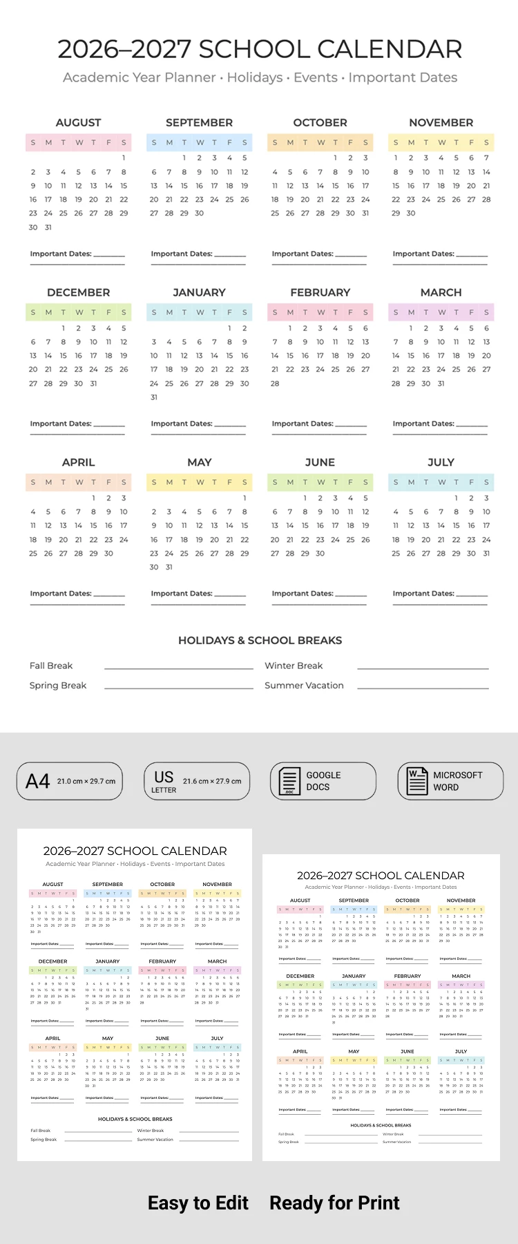 Preview of School Calendar Template 2026-2027 for Google Docs and Microsoft Word