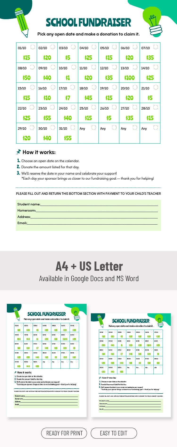 School Fundraiser Calendar Template - free Google Docs Template - 10071946