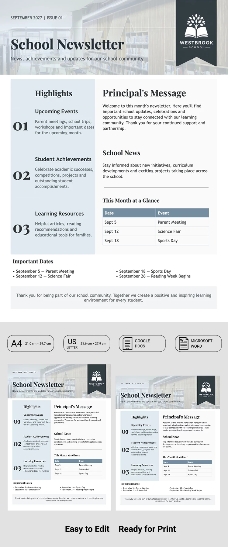 Preview of School Newsletter Template for Parents for Google Docs and Microsoft Word