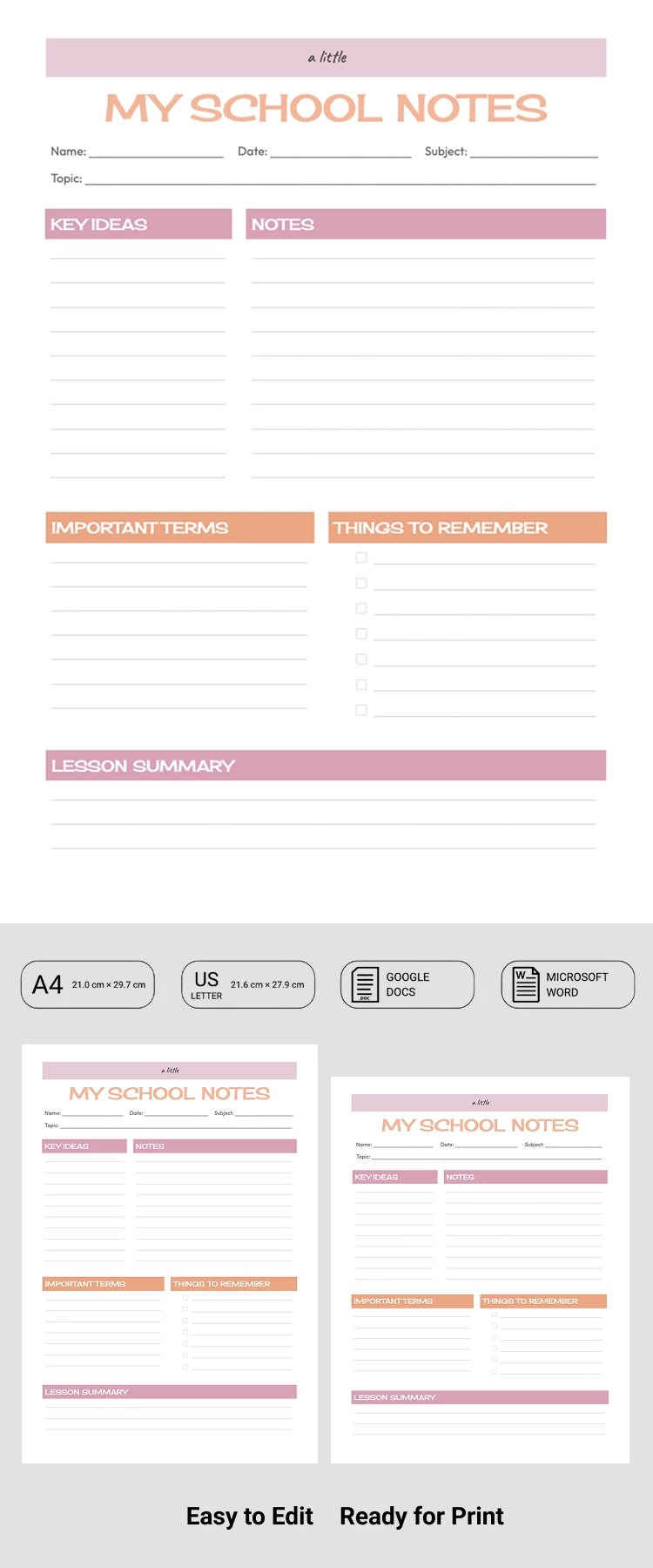 Preview of School Note Template for Google Docs and Microsoft Word