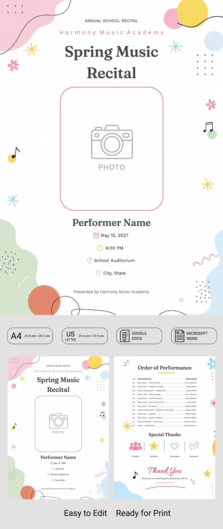 Preview of School Recital Program Template for Google Docs and Microsoft Word