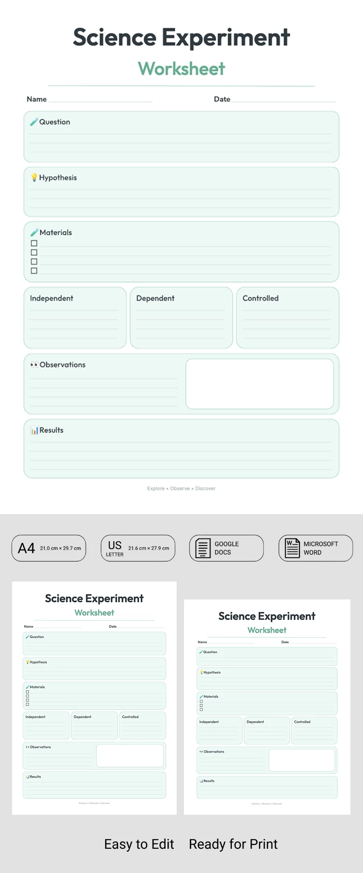 Preview of Science Experiment Worksheet Template for Google Docs and Microsoft Word