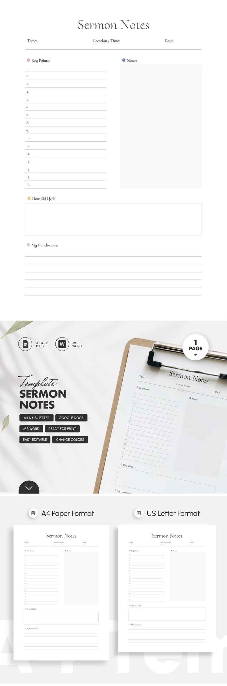 Preview of Sermon Notes Template for Google Docs and Microsoft Word