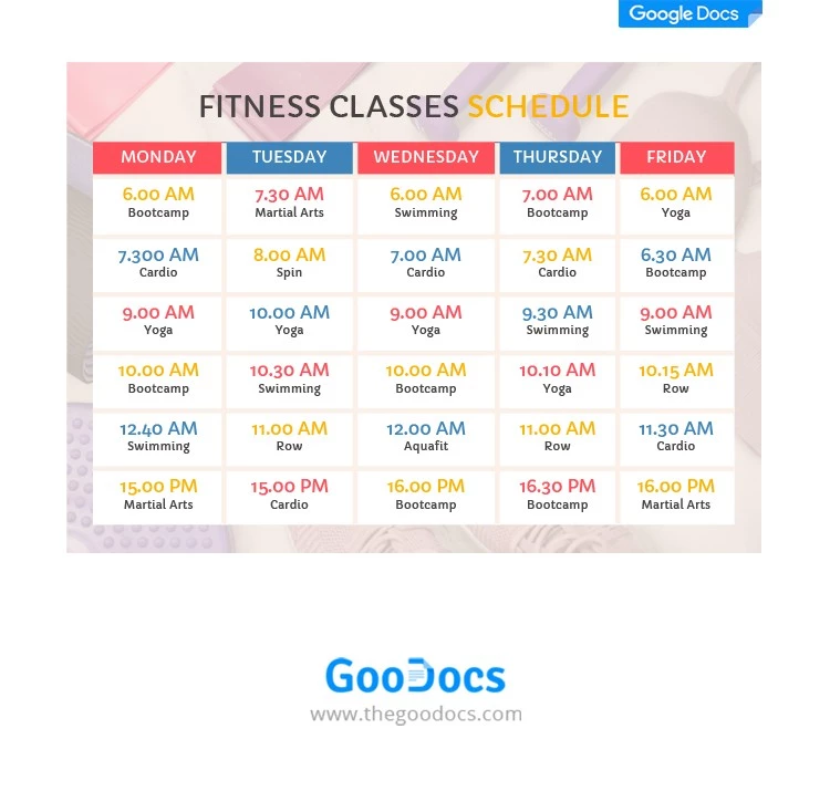 Horario de clases de fitness - free Google Docs Template - 10062005