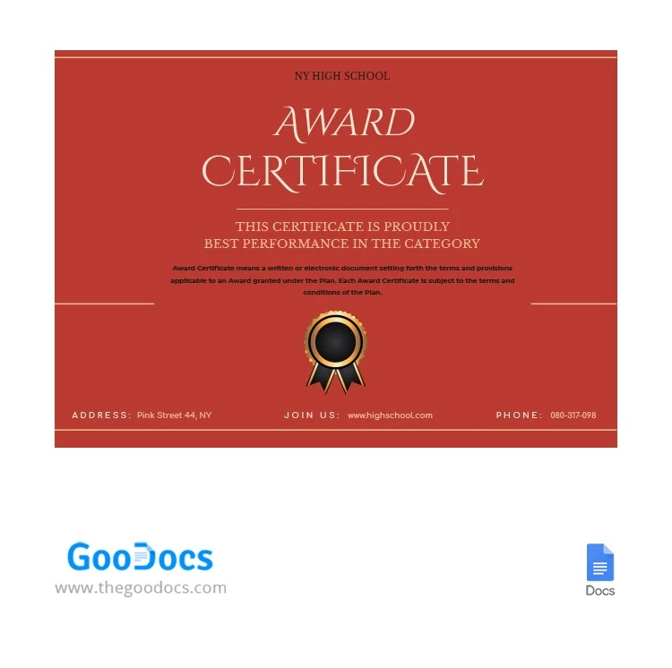 Red School Award Certificate - free Google Docs Template - 10062244