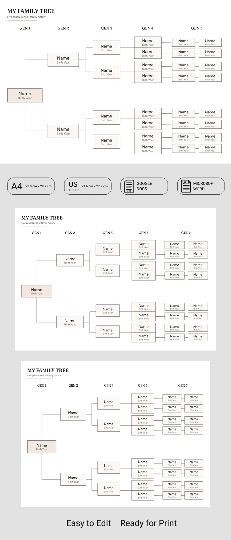 Aperçu de Modèle simple d'arbre généalogique sur 5 générations pour Google Docs and Microsoft Word