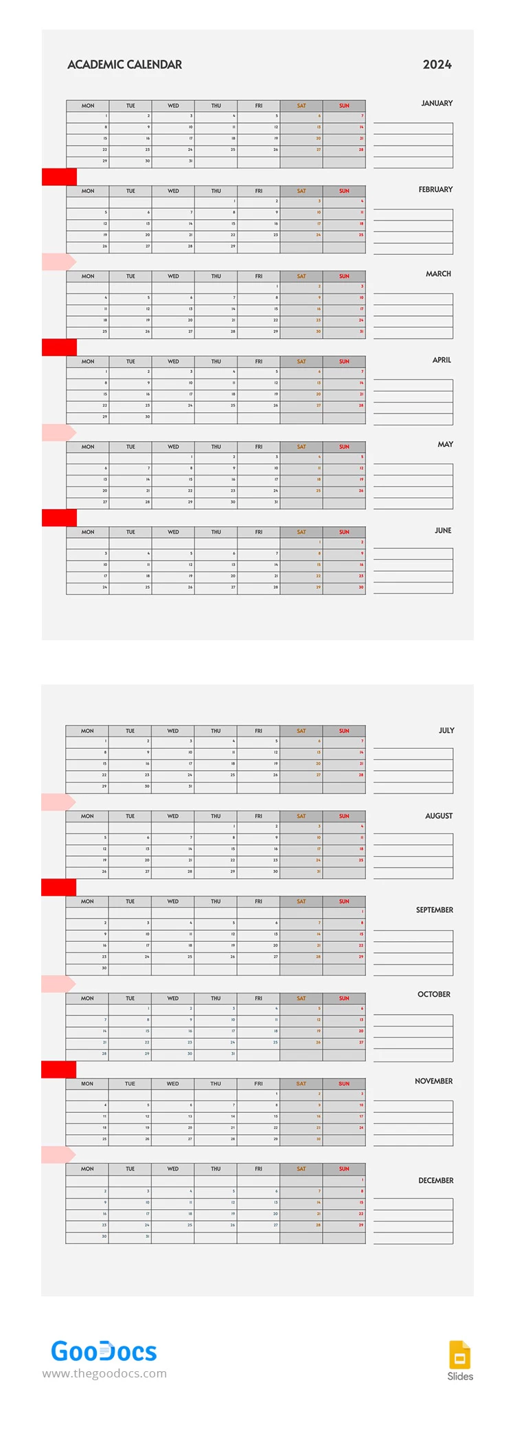Calendario Académico Simple 2024 - free Google Docs Template - 10067257