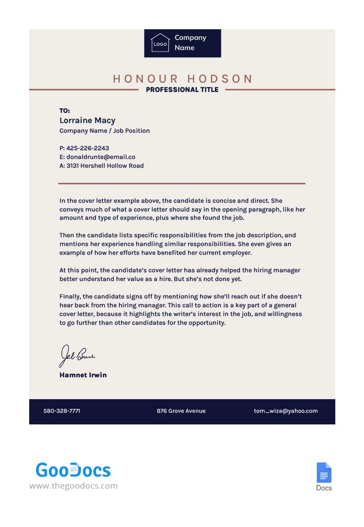 Simple Beige Cover Letter - free Google Docs Template - 10064170