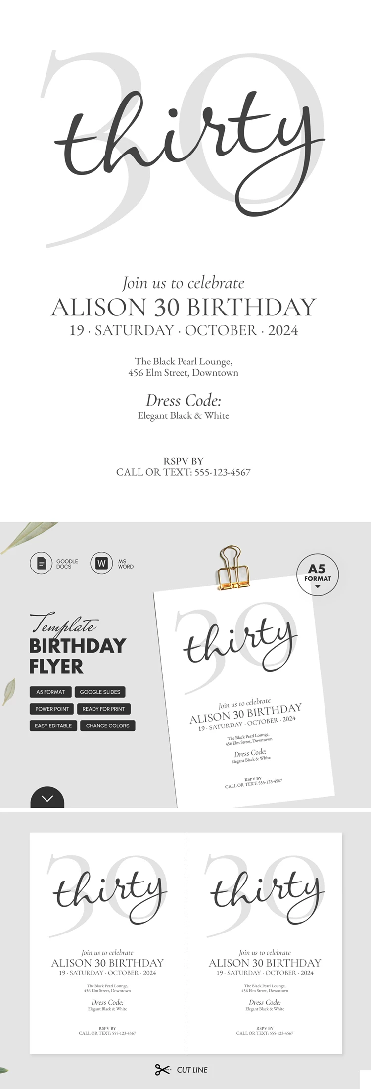 Flyer de Aniversário Simples em Preto e Branco - free Google Docs Template - 10069181