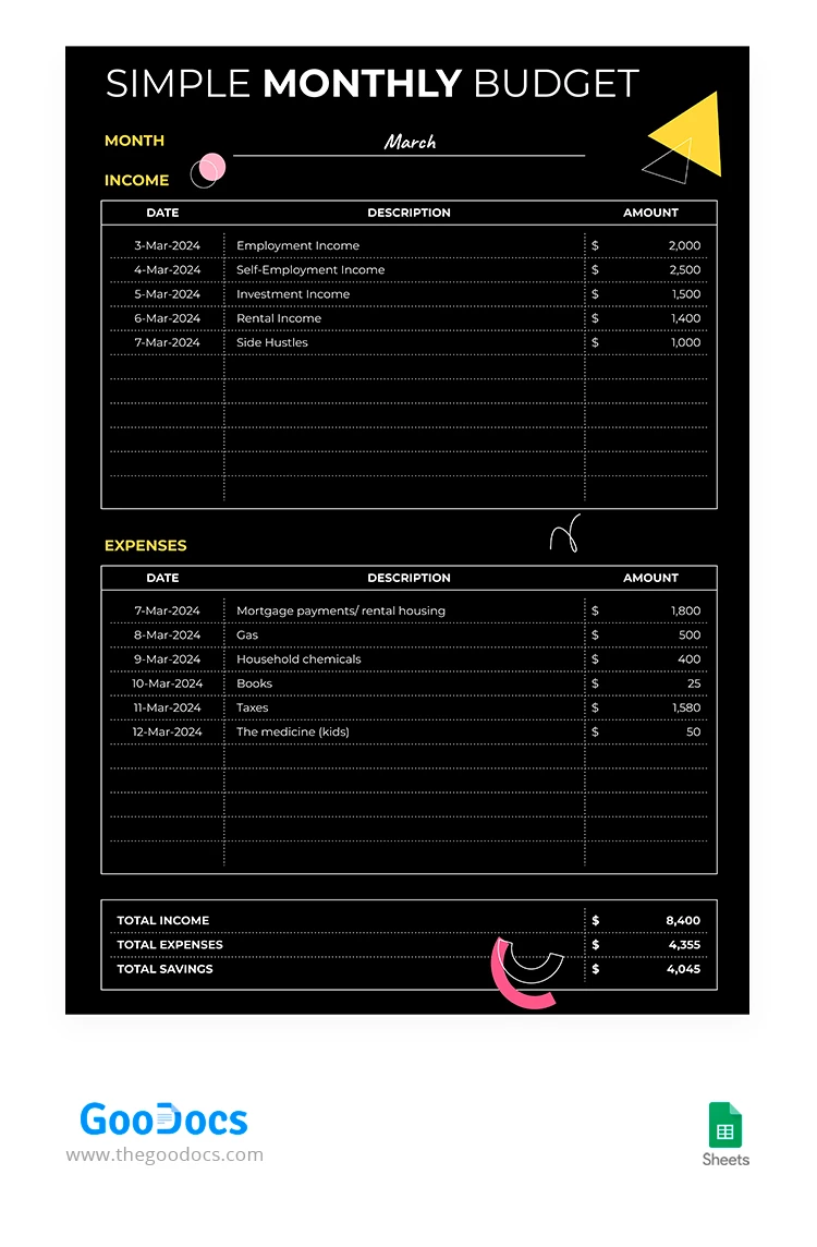 Budget mensuel en noir - free Google Docs Template - 10068394