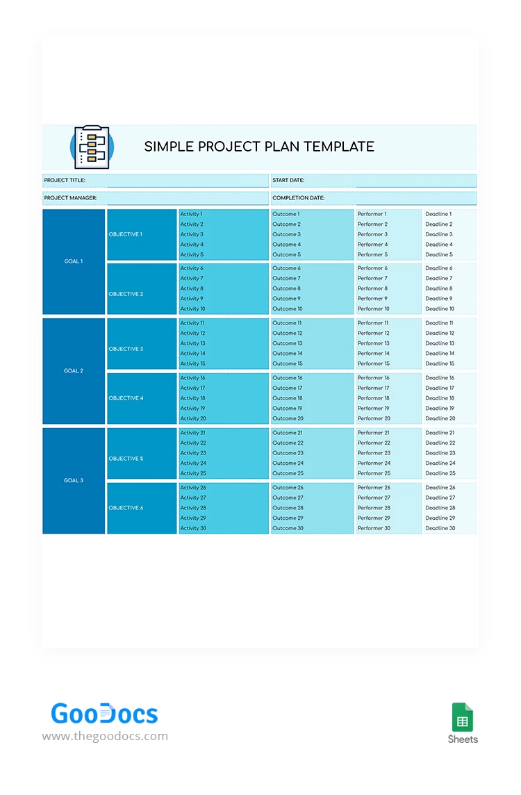 Semplice piano di progetto blu - free Google Docs Template - 10062962