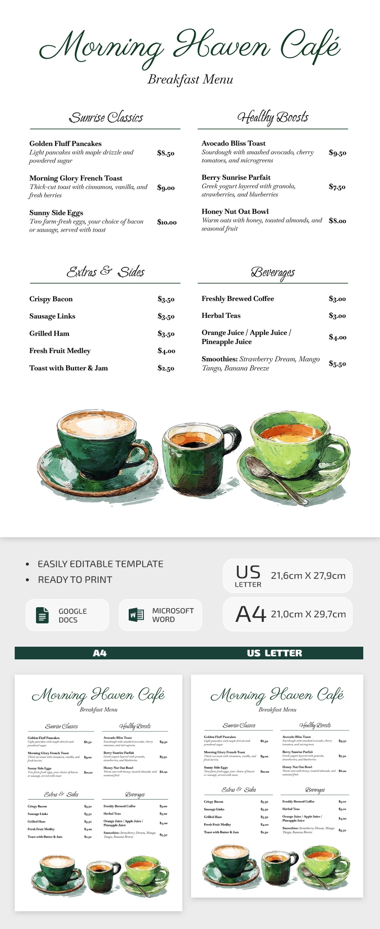 Preview of Simple Breakfast Menu Template for Google Docs and Microsoft Word