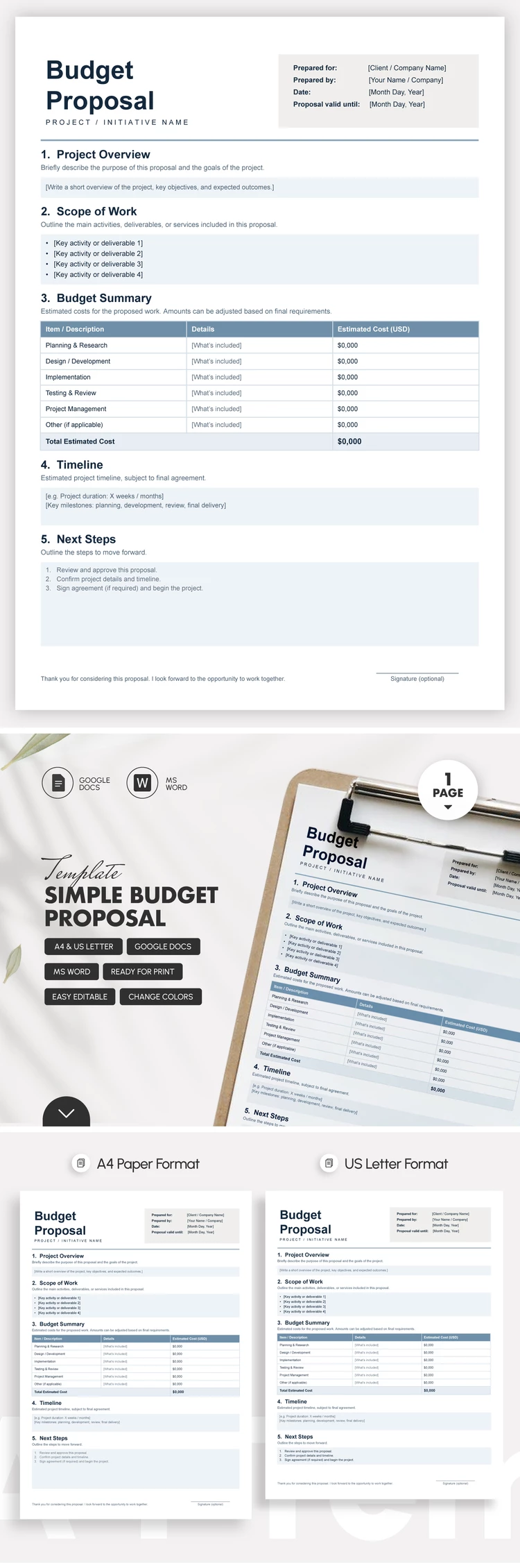 Preview of Simple Budget Proposal Template for Google Docs and Microsoft Word