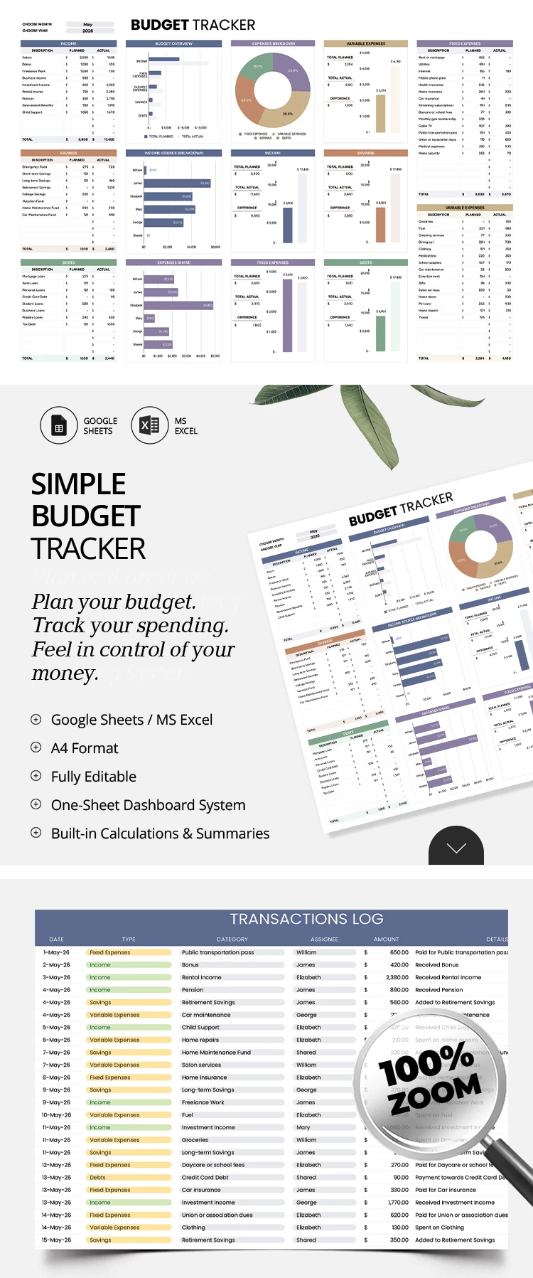 Preview of Simple Budget Tracker Template for Google Sheets and Microsoft Excel