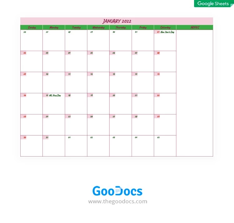 Calendário simples - free Google Docs Template - 10061981