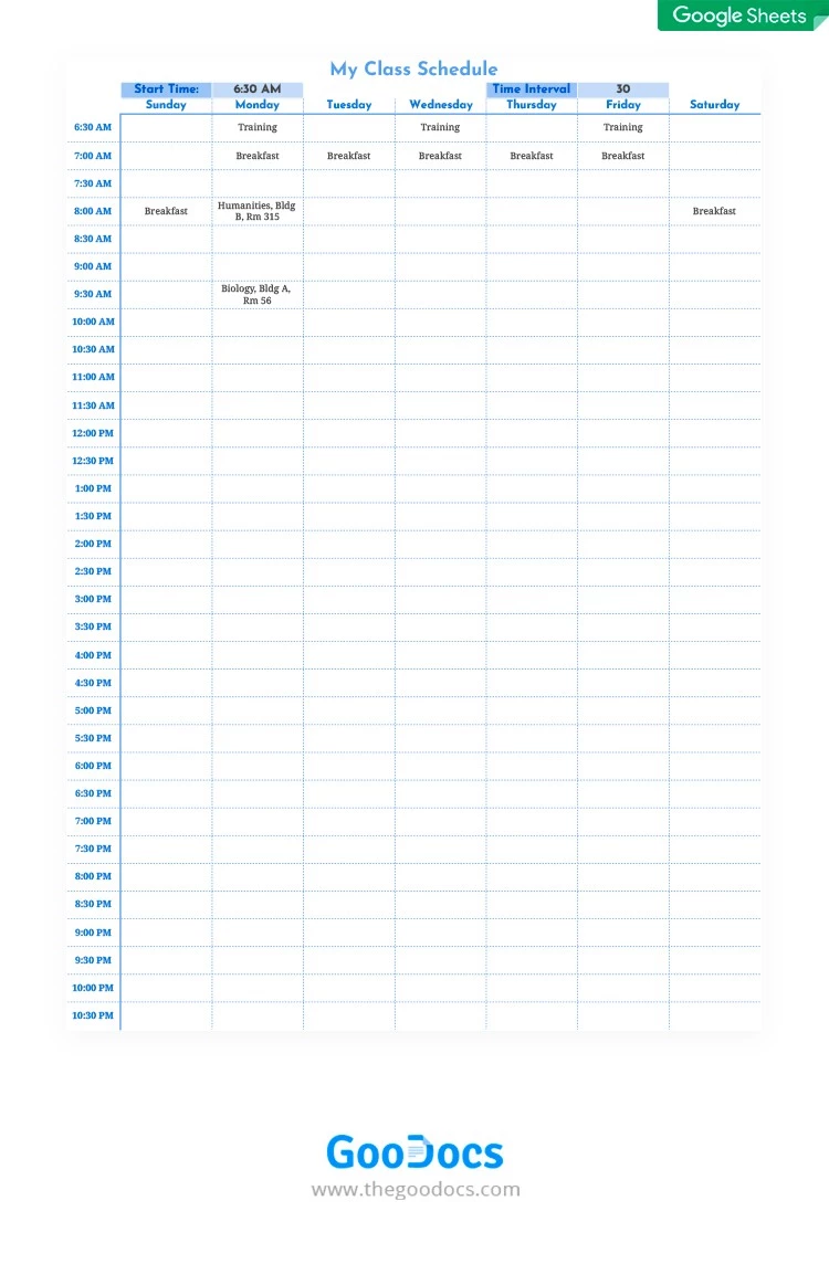 Simple Class Schedule - free Google Docs Template - 10062057