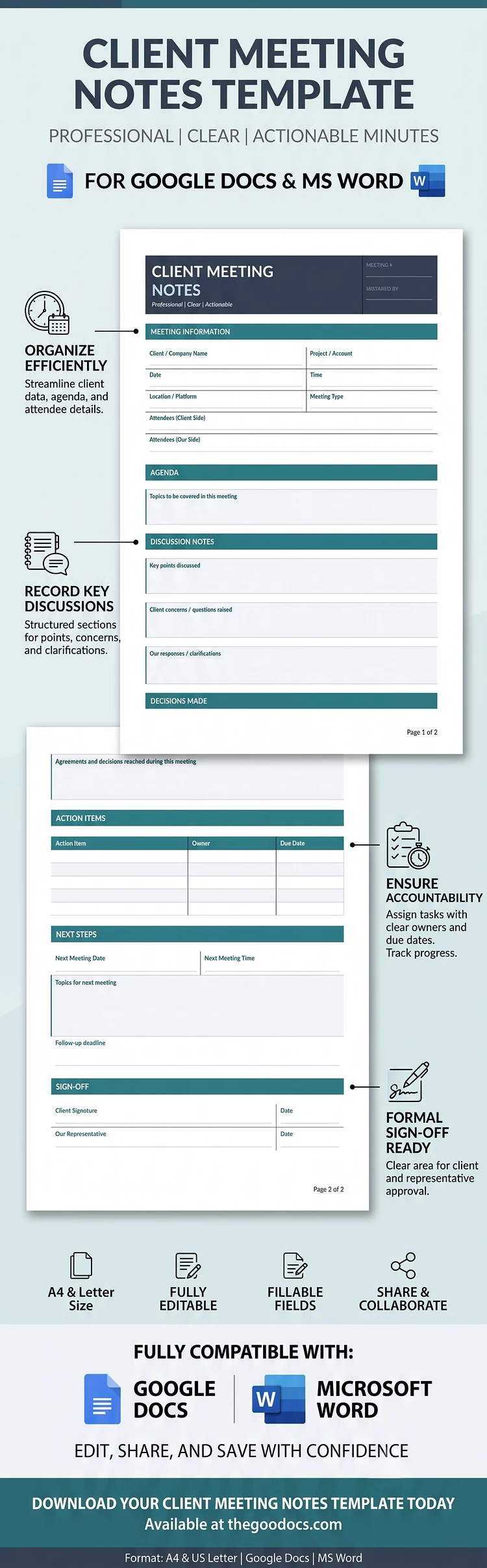 Pré-visualização de Modelo de Notas de Reunião com o Cliente para Google Docs and Microsoft Word
