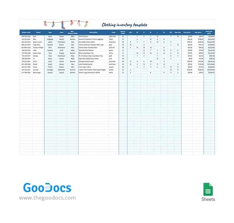 Simple Clothing Inventory - free Google Docs Template - 10063244