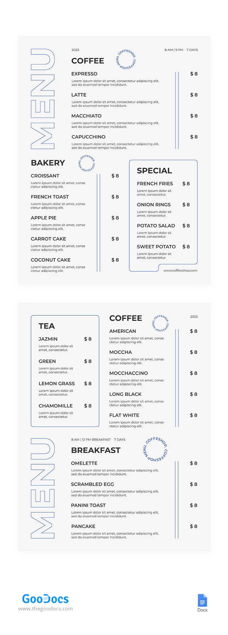 简单的咖啡店菜单 - free Google Docs Template - 10065483