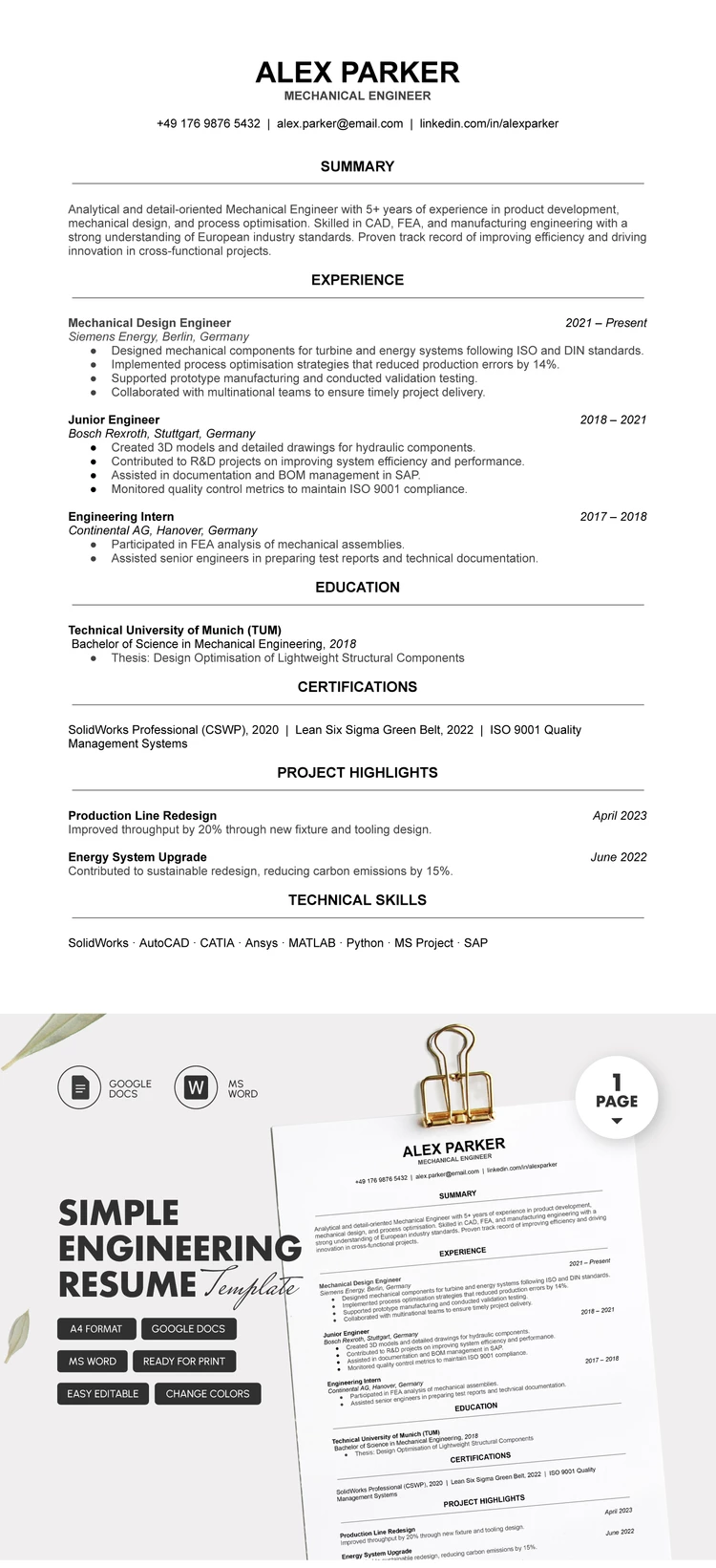 Simple Engineering Resume Template - free Google Docs Template - 10072013