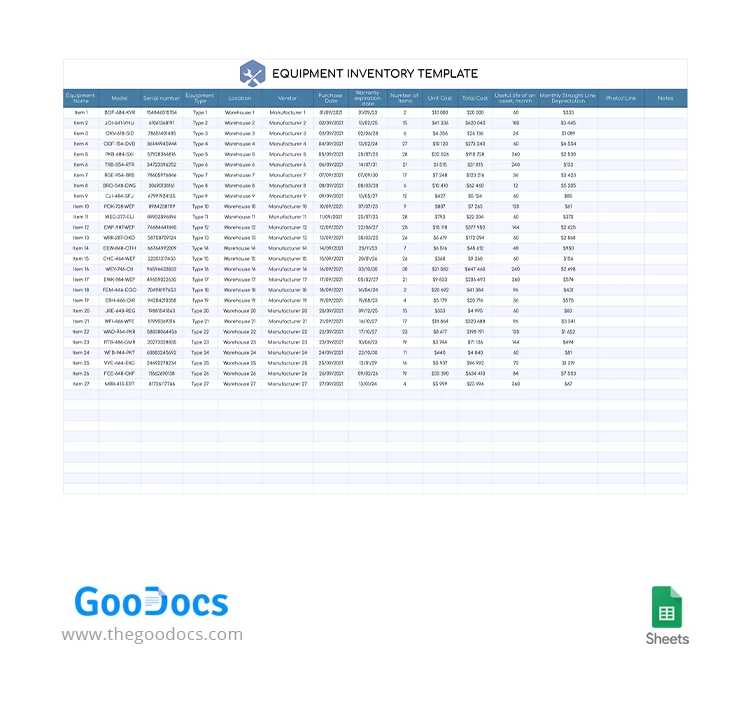 Inventaire simple de l'équipement - free Google Docs Template - 10063093